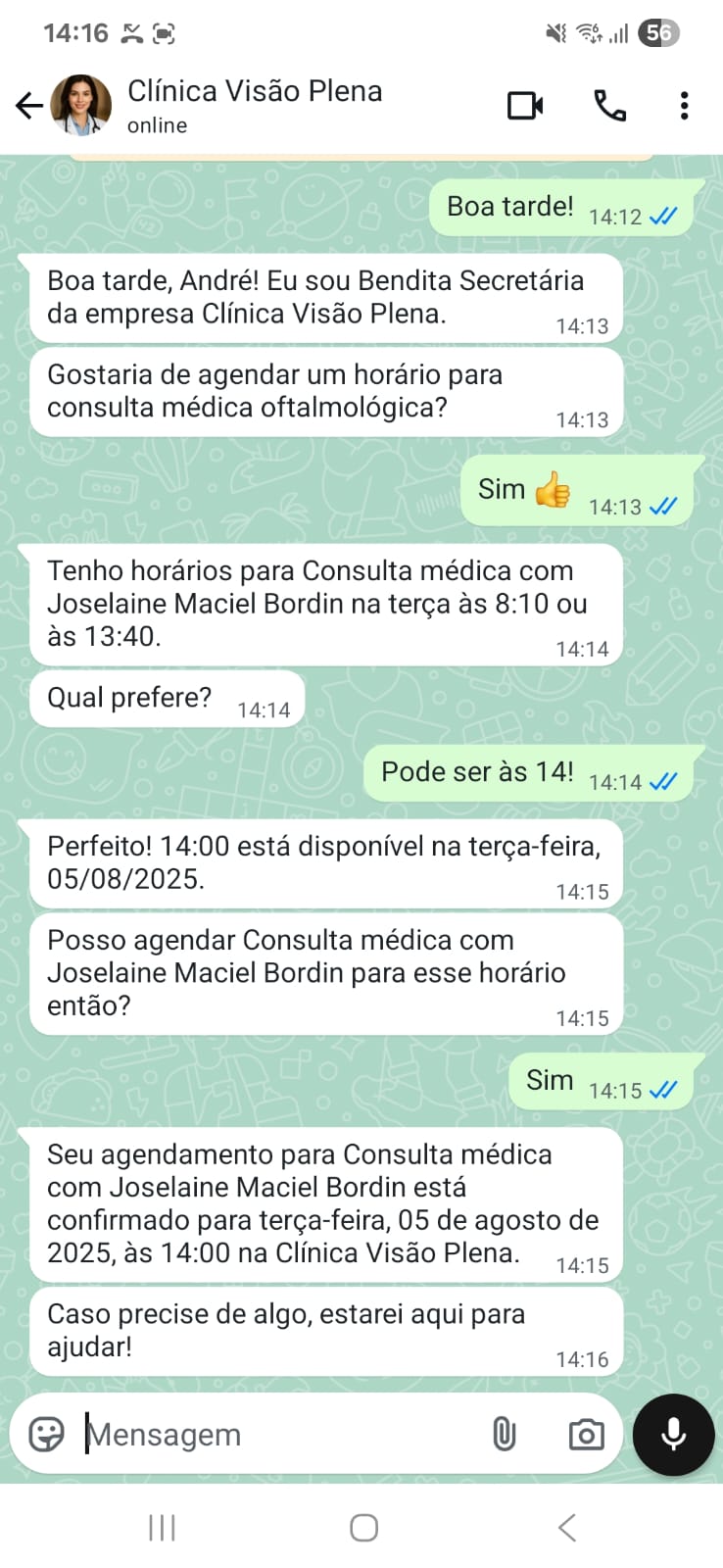 Conversa real de agendamento via WhatsApp com IA